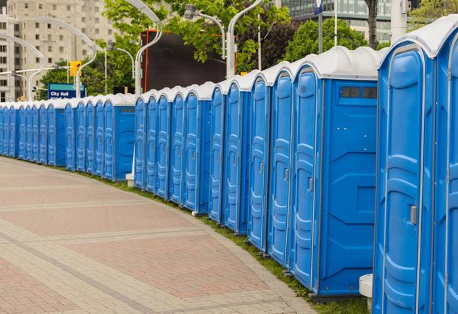 a fleet of portable restrooms ready for use at a large outdoor wedding or celebration in Alda, NE